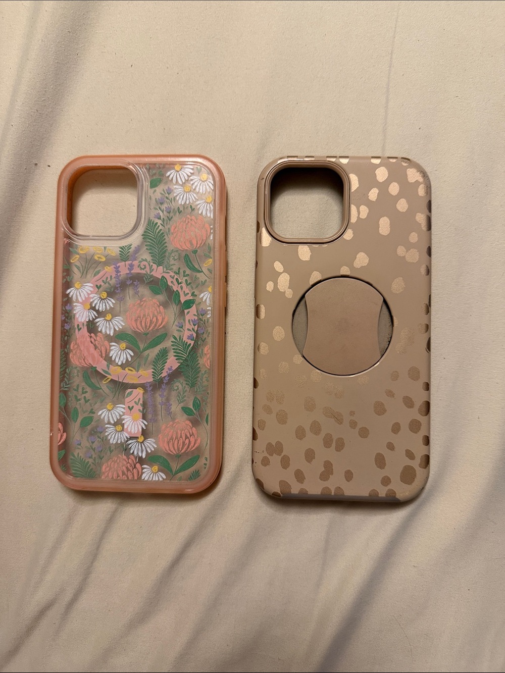 IPhone 15 Floral and Gold Phone Case Duo - Clear Pink Floral & Gold Spot Beige